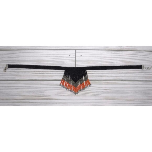 Loom Beaded Choker Necklace w/ Fringe Black - Picture 2 of 4